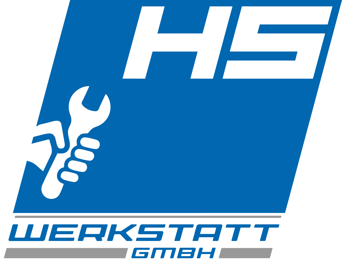 Logo der HS Werkstatt GmbH mit einem stilisierten Schraubenschlüssel in Blau und Weiß sowie dem Firmennamen in moderner Schrift.